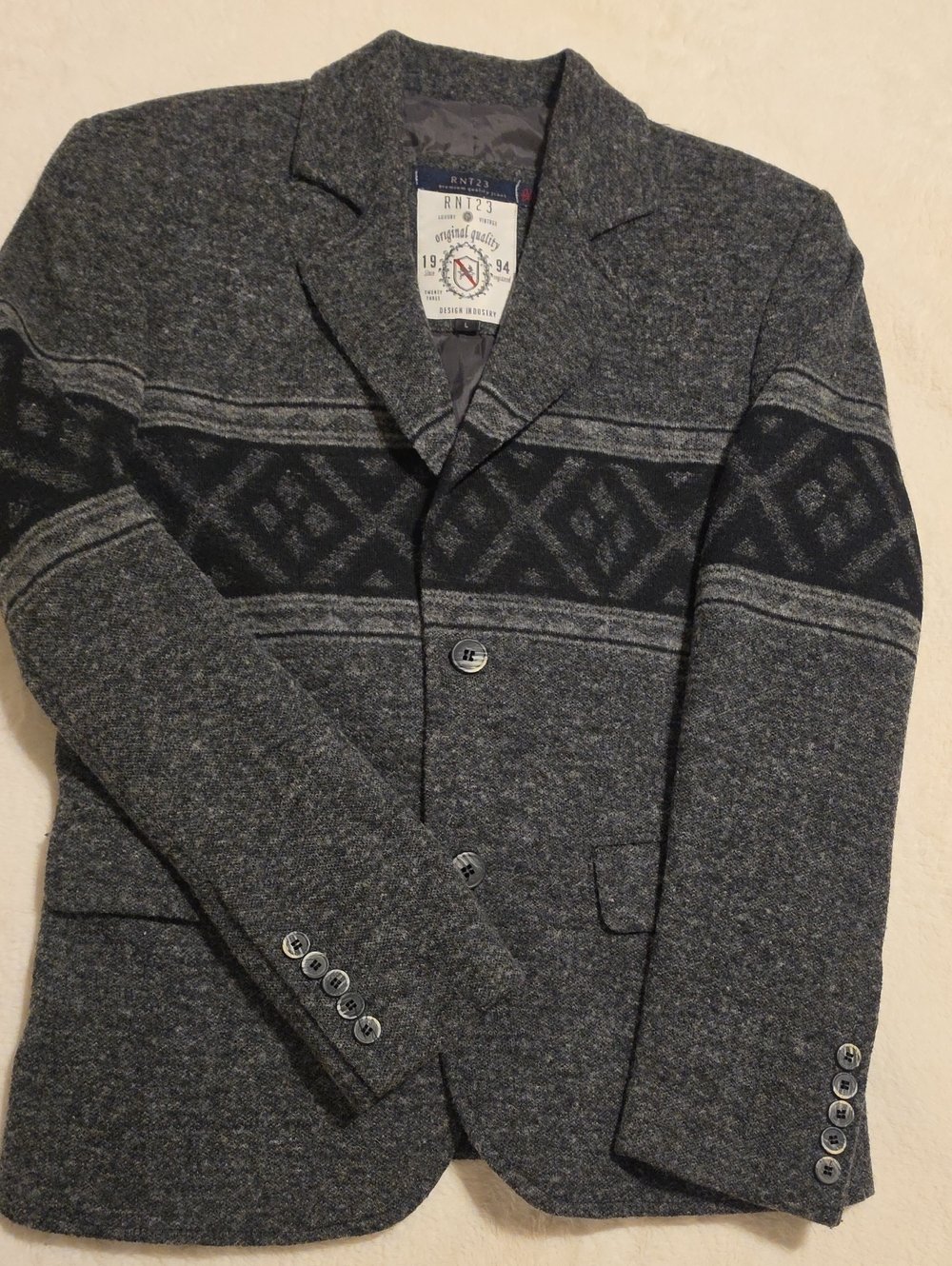 RNT23 Men's Grey Patterned Knit Blazer Sweater 80% WOOL